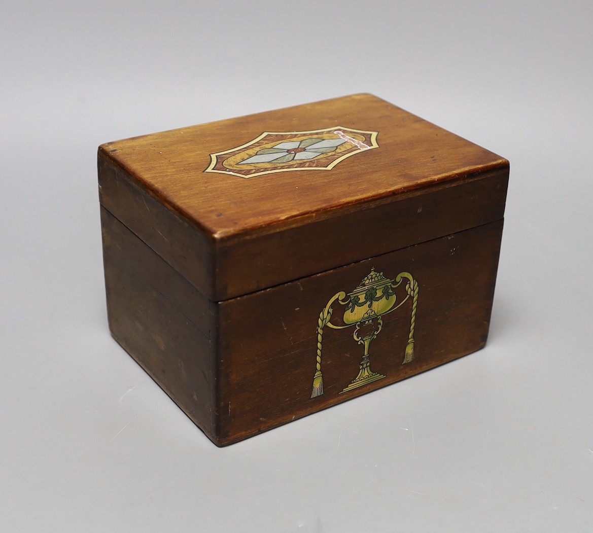 Two 19th century inlaid walnut boxes and a painted mahogany box, The largest 30 cm wide